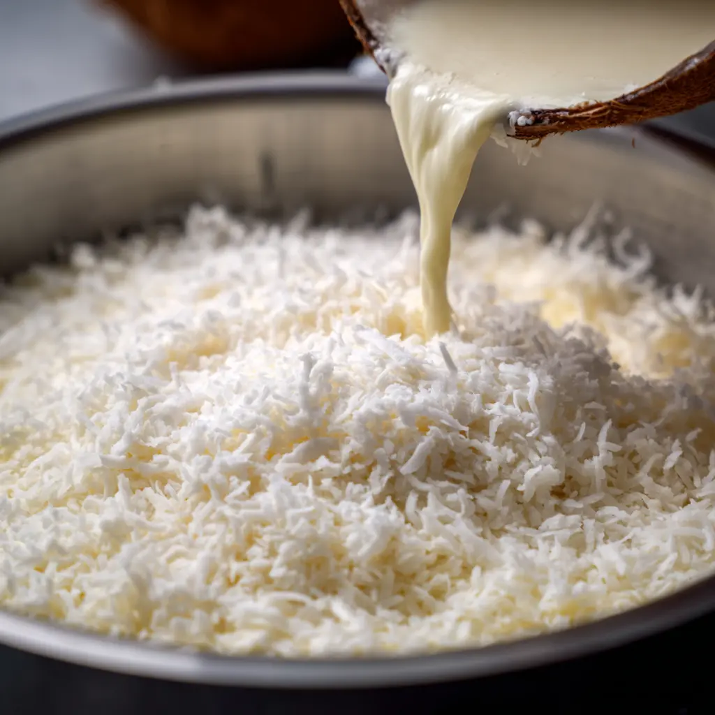 Mixing coconut and condensed milk