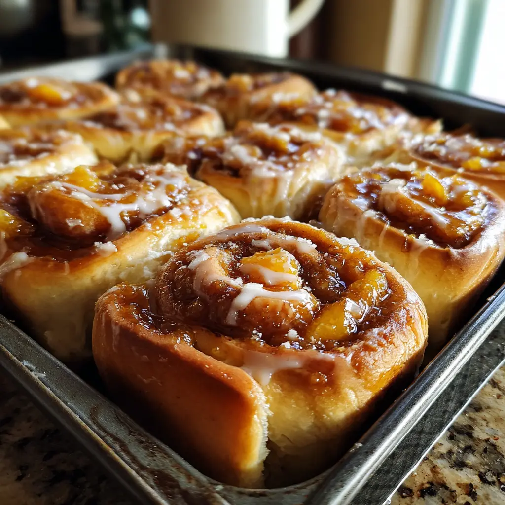 Peach Cobbler Cinnamon Rolls fresh from oven
