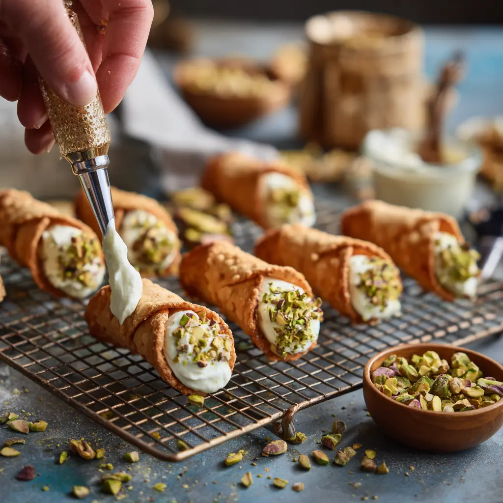 Piping pistachio filling into air fryer cannoli