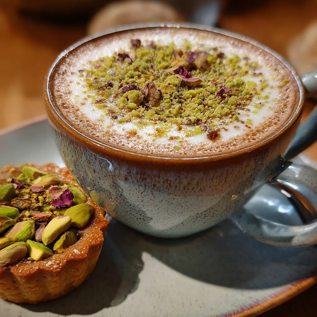 Cappuccino with pistachio topping and rose dessert pairing