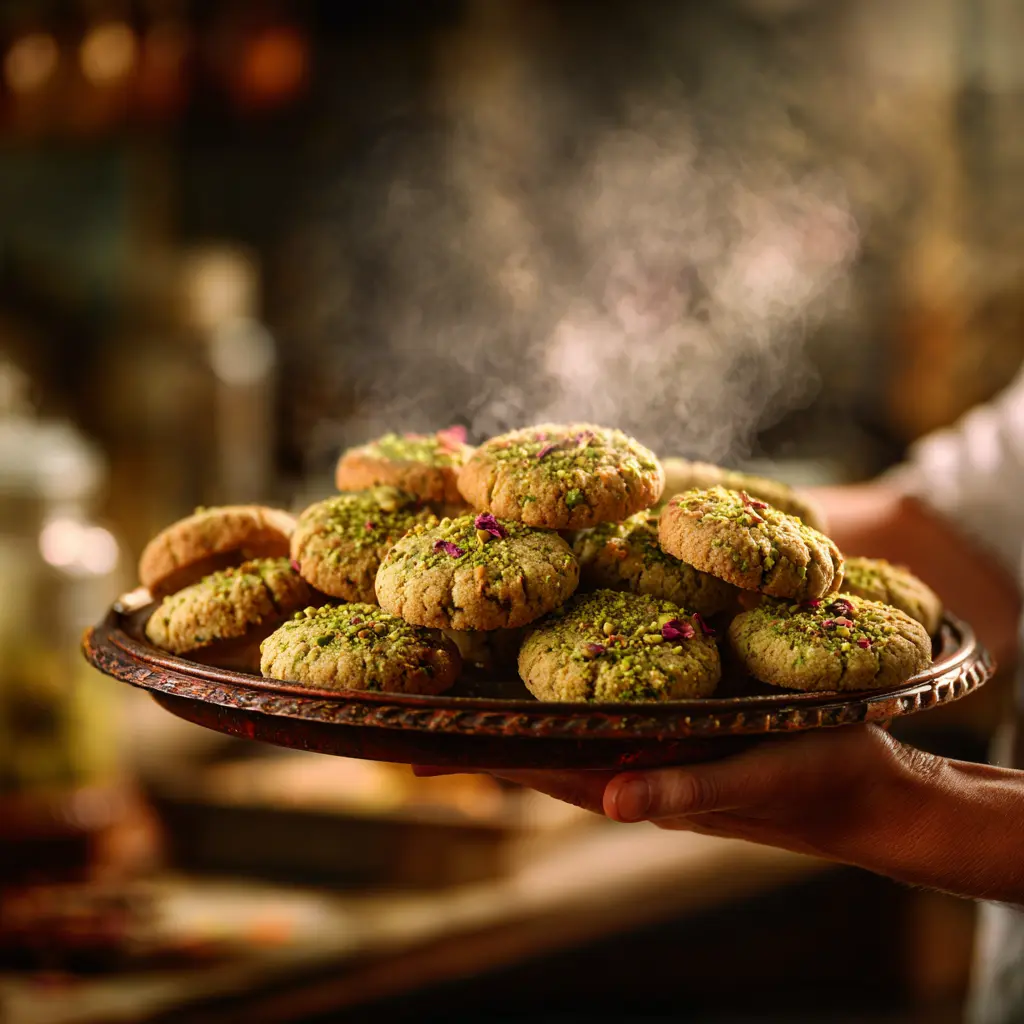Freshly baked pistachio & rose shortbread cookies on tray