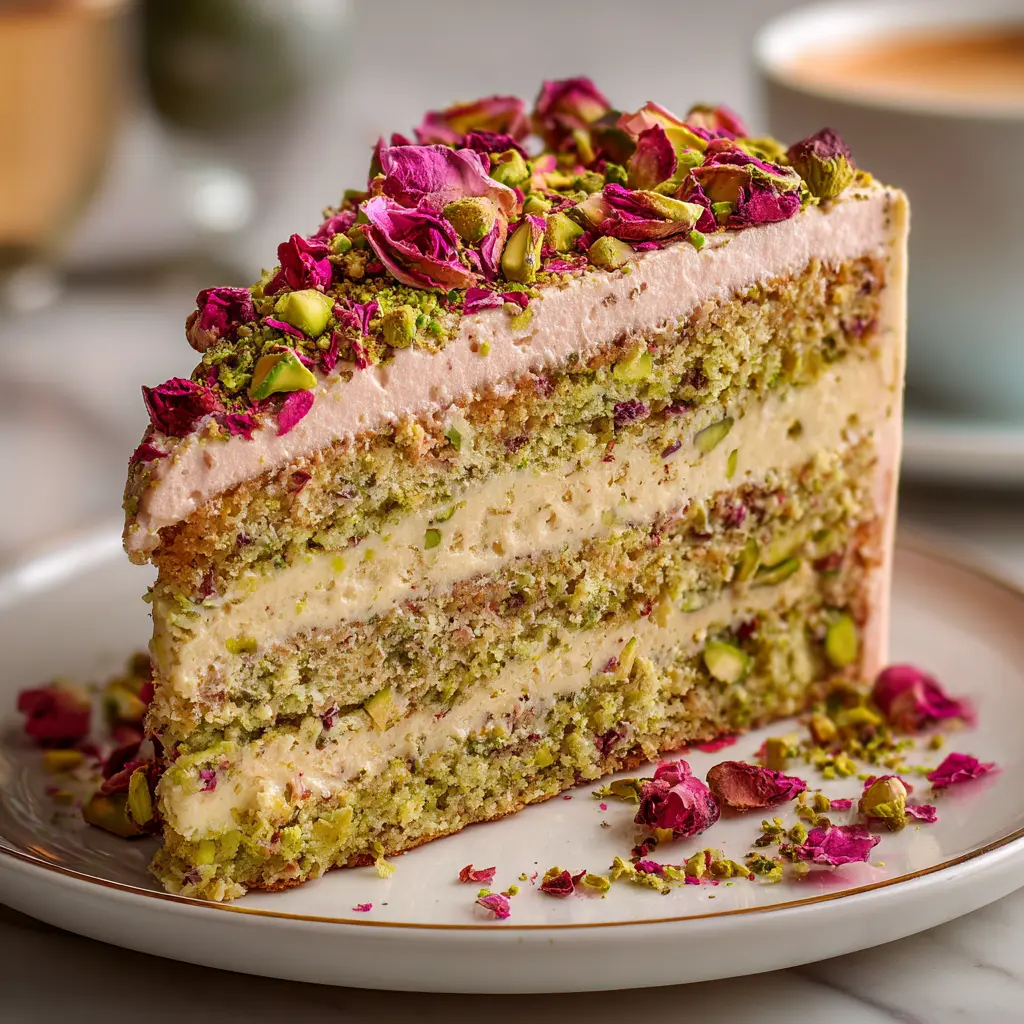 Pistachio & Rose Desserts layered cake with floral frosting
