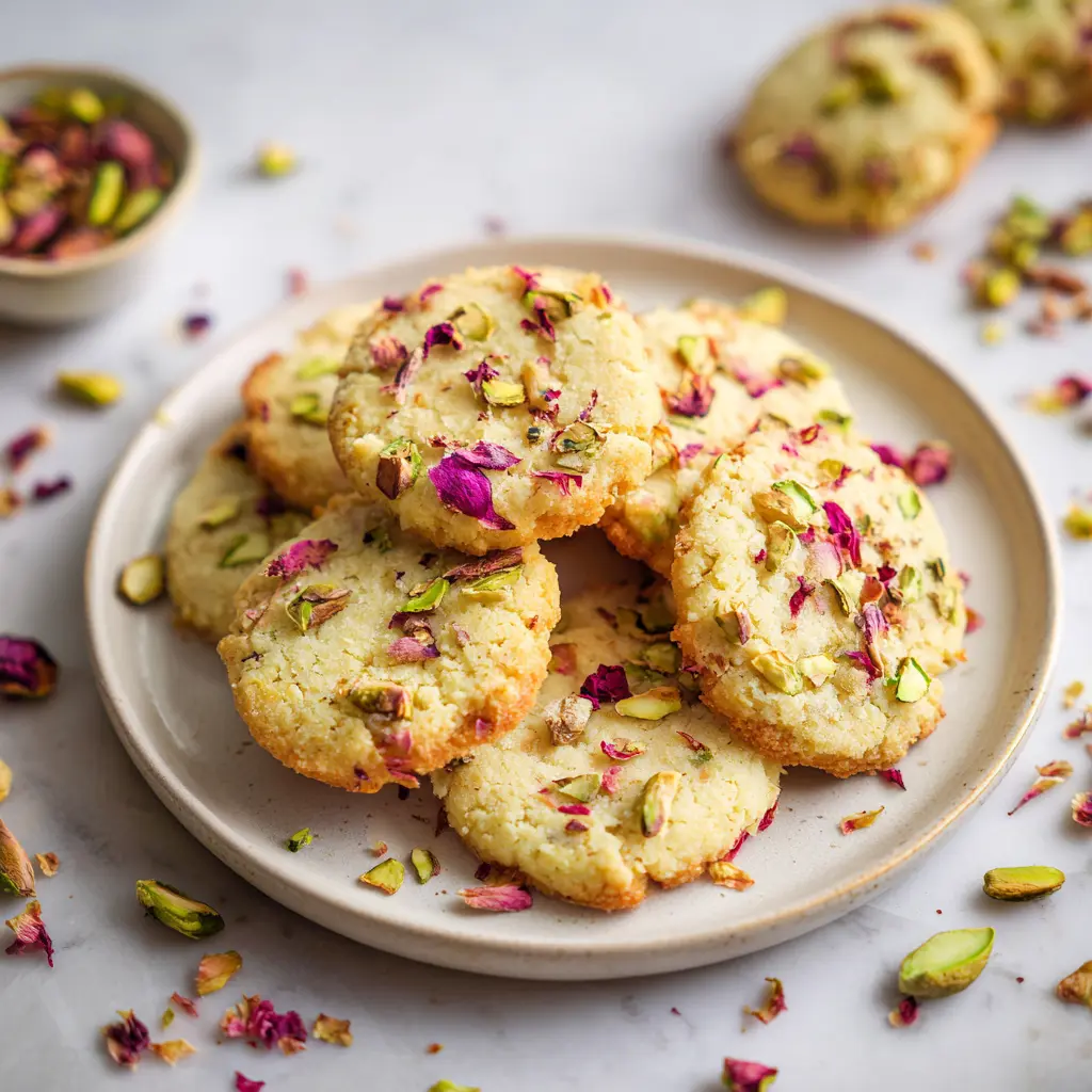Pistachio & Rose Desserts shortbread cookies on marble table