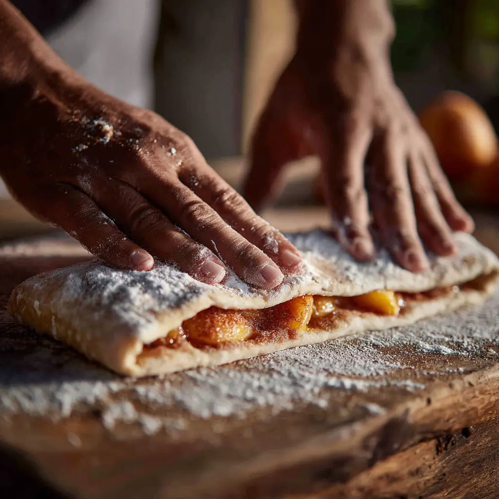 Preparing Peach Cobbler Cinnamon Rolls with peach filling
