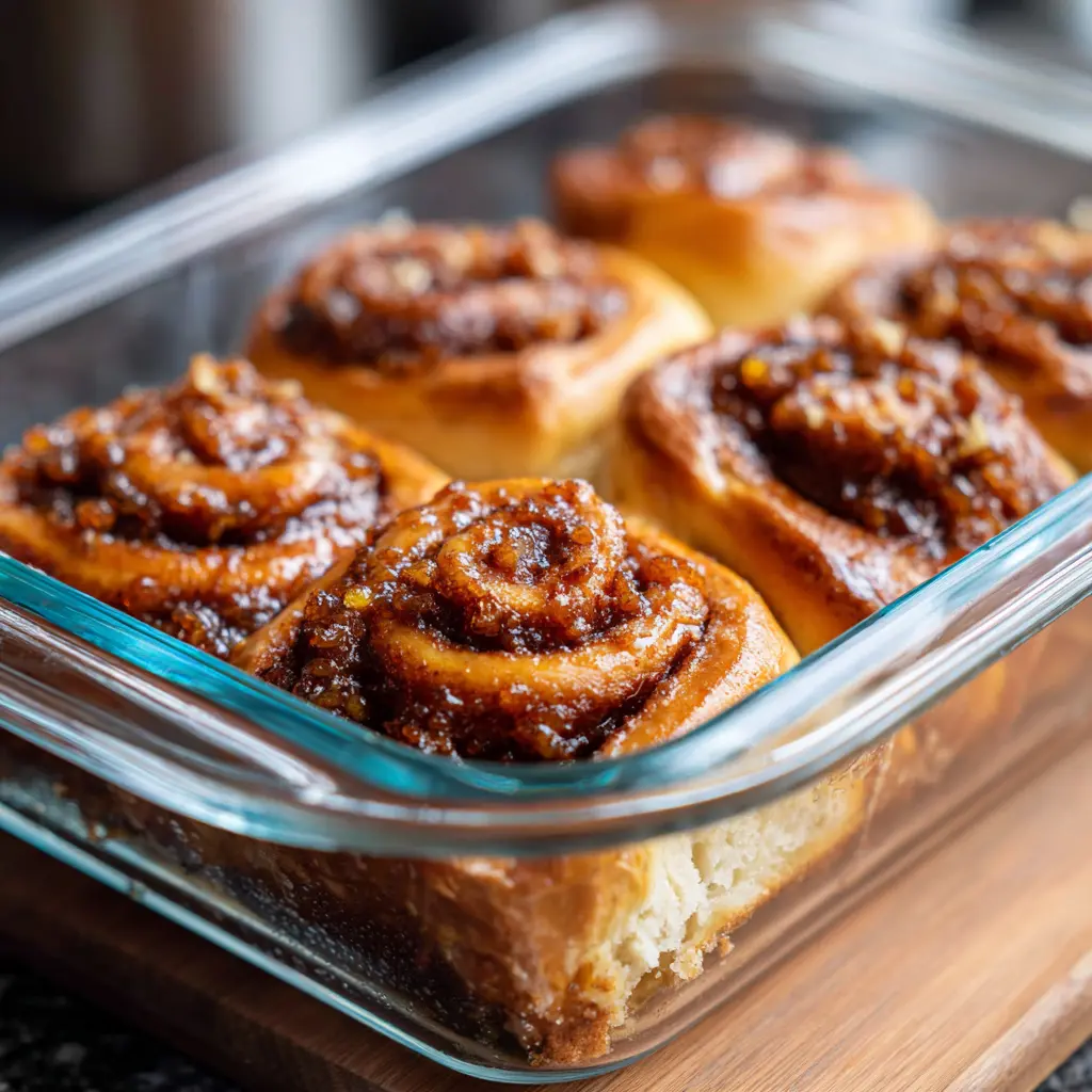 Storing Peach Cobbler Cinnamon Rolls in airtight container