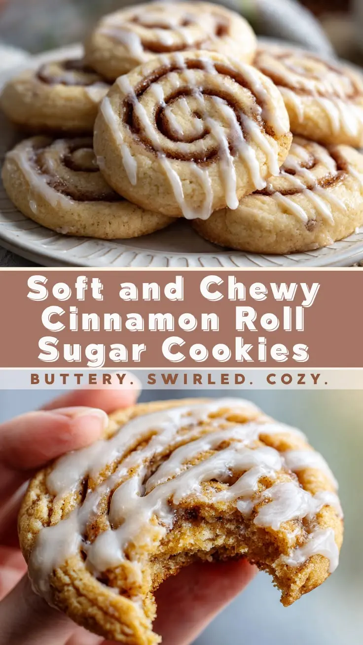 soft cinnamon roll sugar cookies with icing drizzle and chewy texture