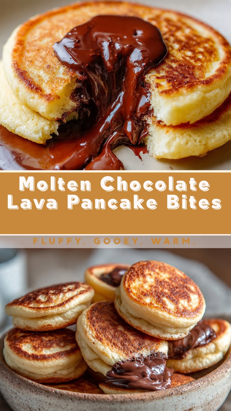 Fluffy mini pancake bites with a golden crust and a rich molten chocolate center flowing out when broken open