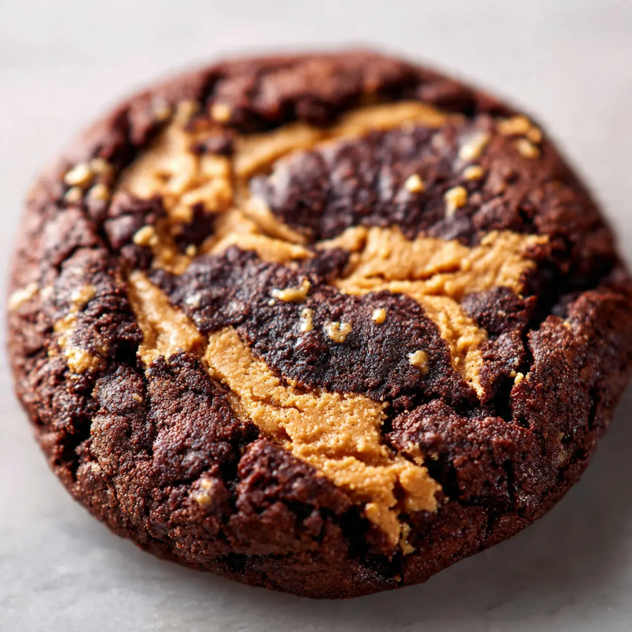close up peanut butter brownie cookie with chocolate and creamy swirl