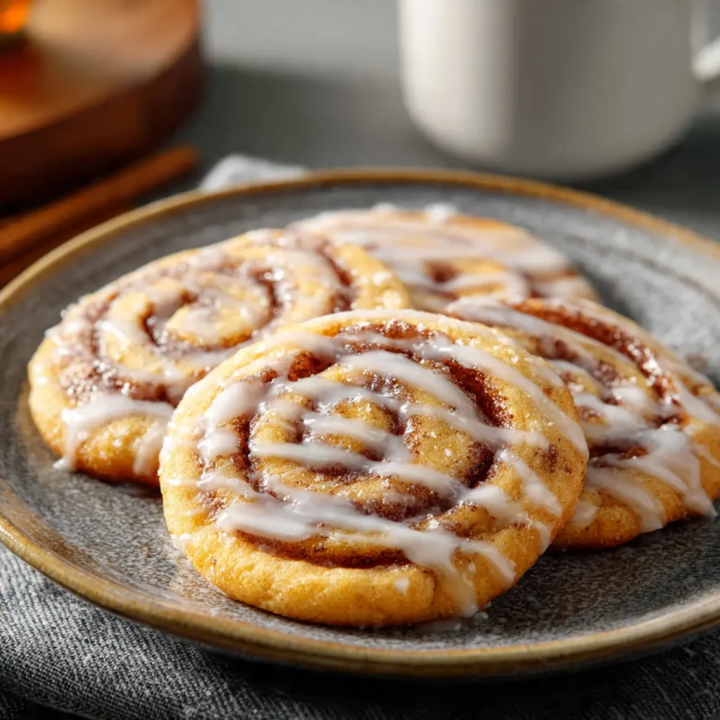 cinnamon roll cookies with icing drizzle served on plate