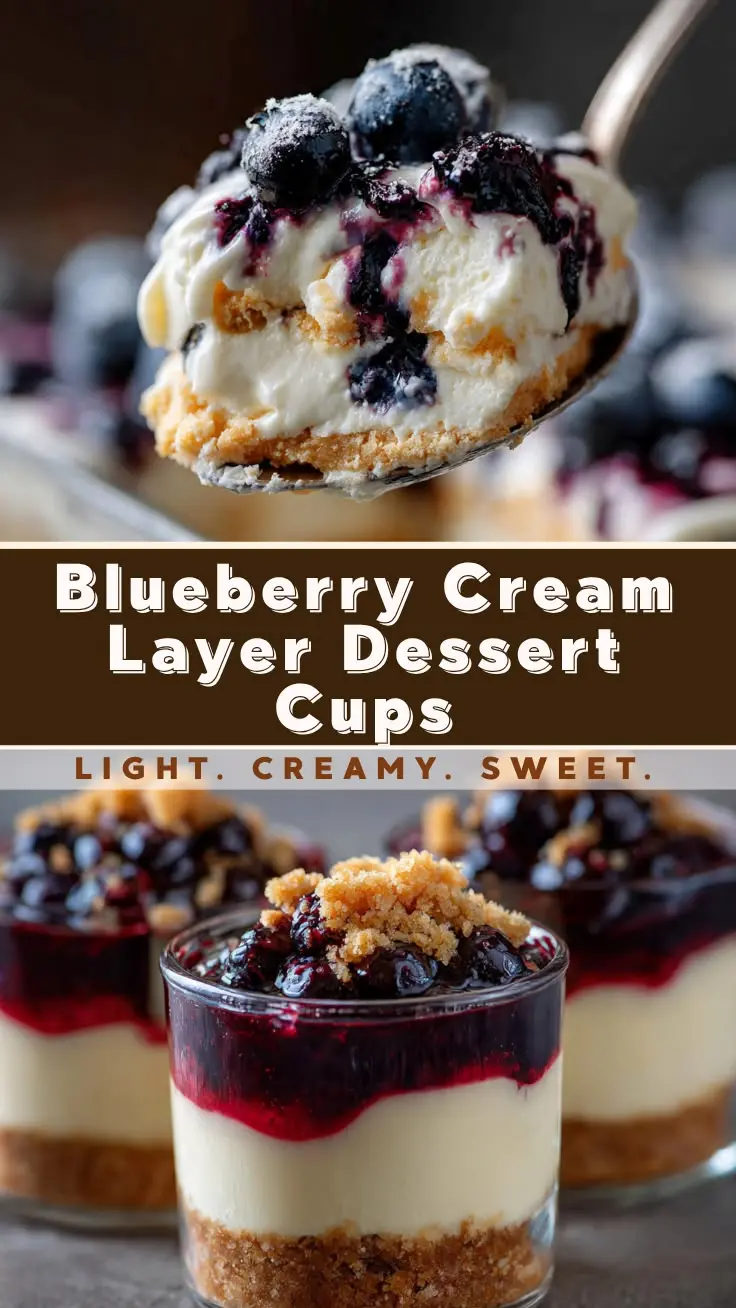 Blueberry cream dessert cups with creamy layers, cookie crumbs, and fresh blueberries in clear dessert glasses