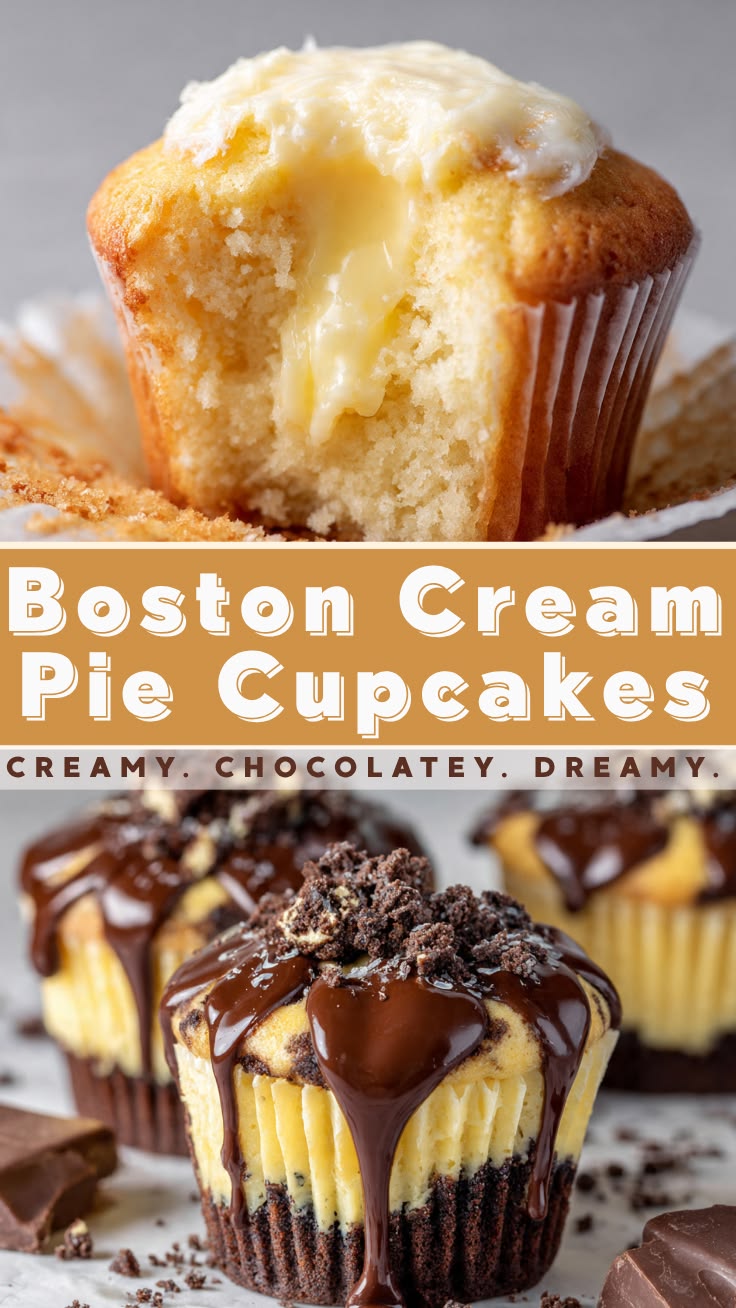 Boston cream pie cupcakes with soft vanilla cake and creamy custard filling, topped with rich chocolate glaze dripping over the sides.