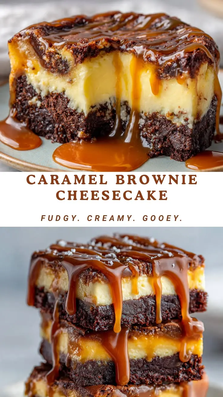 Caramel brownie cheesecake with gooey chocolate brownie layers and creamy caramel cheesecake filling