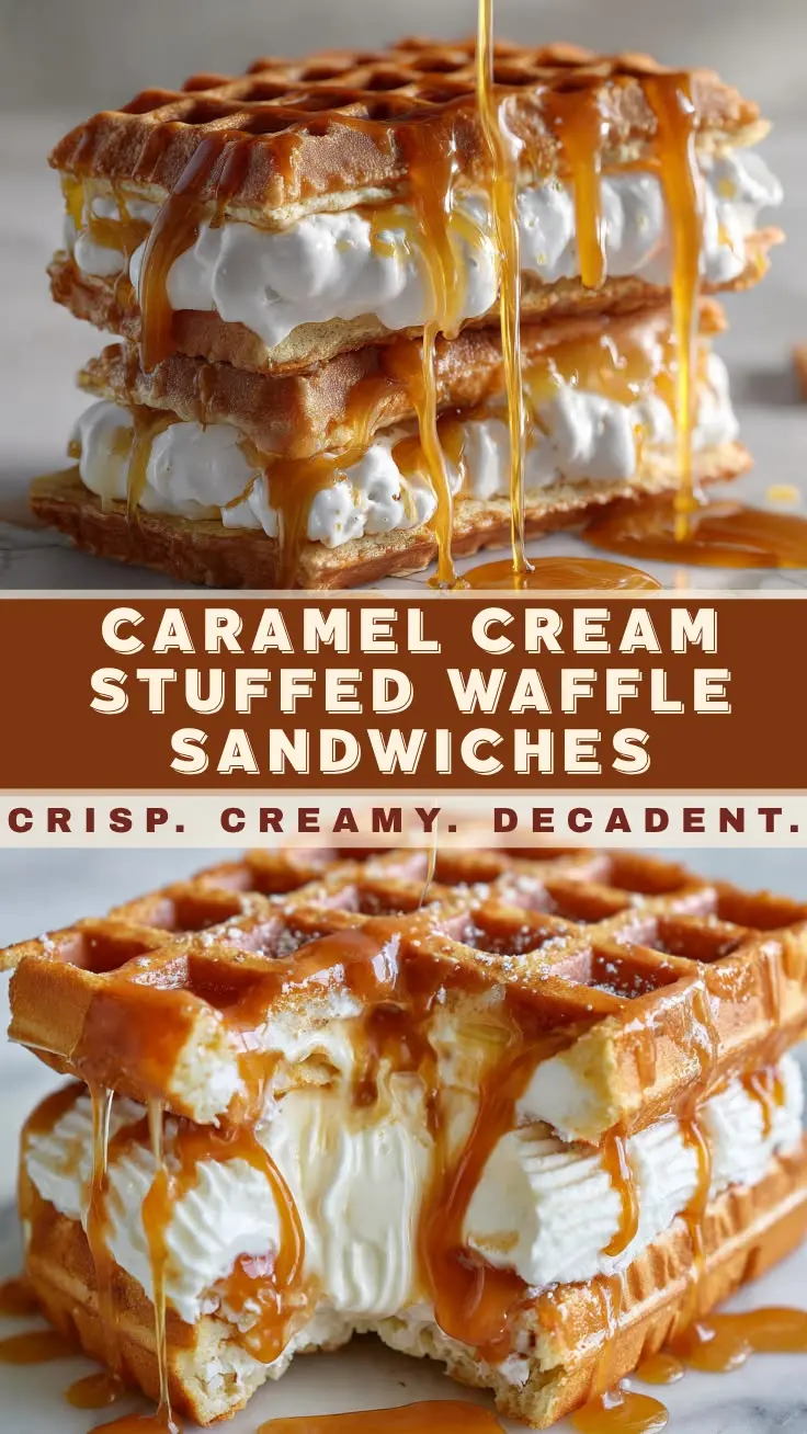 Crispy caramel cream waffle sandwiches filled with fluffy vanilla cream and gooey caramel drizzle