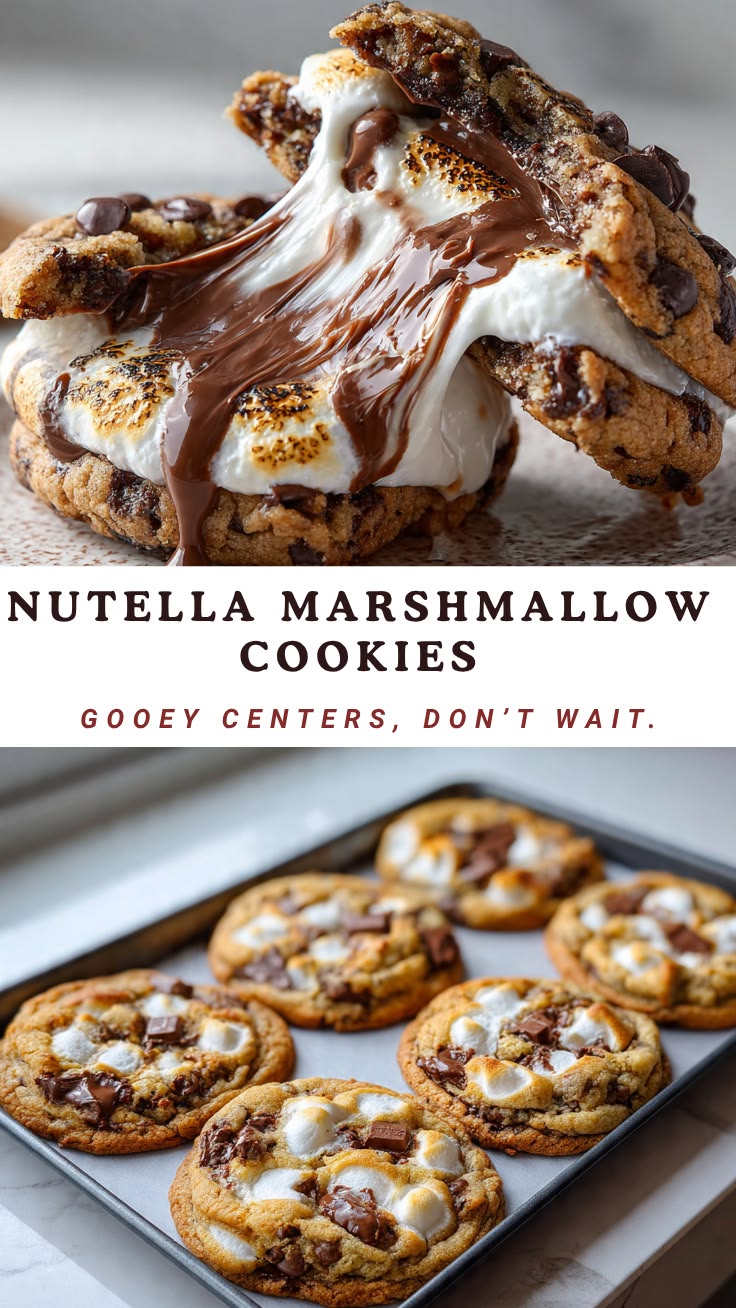 Nutella marshmallow cookies with gooey melted center, toasted marshmallow, and rich chocolate hazelnut filling pulling apart.