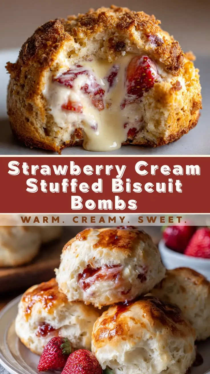 Warm strawberry cream stuffed biscuit bombs with soft golden biscuit dough and creamy strawberry filling melting from the center.