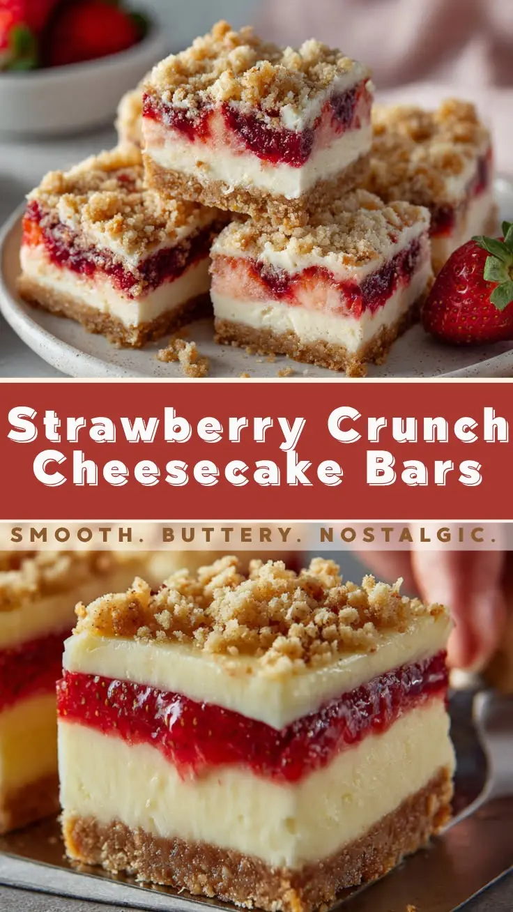 Creamy strawberry crunch cheesecake bars with buttery crumb topping and strawberry filling layered over a graham cracker crust.