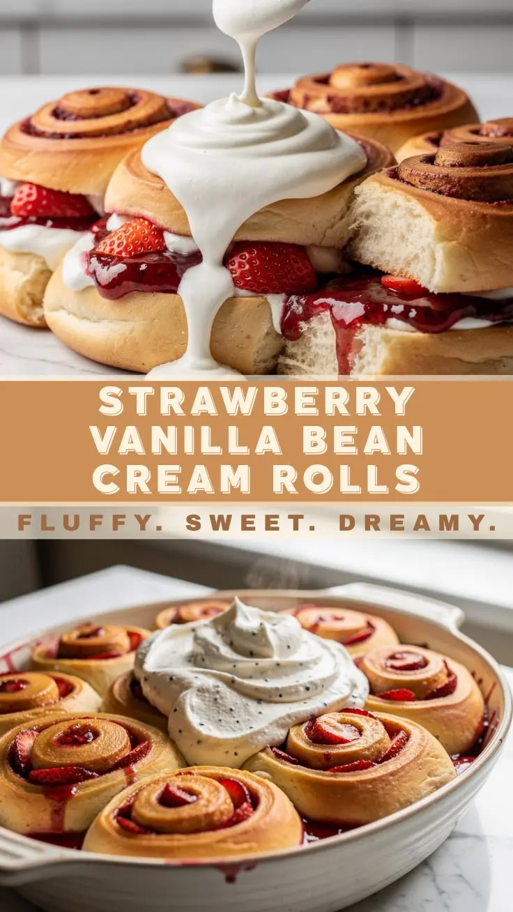 Soft strawberry vanilla cream rolls with fluffy swirls, creamy filling, and sweet strawberry flavor