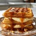 Caramel Cream Waffle Sandwiches stacked with fluffy vanilla cream and gooey caramel filling