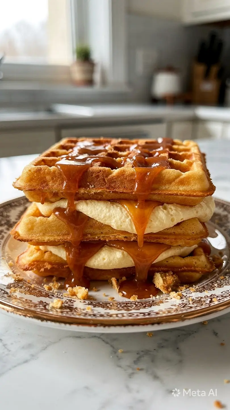 Caramel Cream Waffle Sandwiches stacked with fluffy vanilla cream and gooey caramel filling