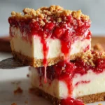 Close-up strawberry cheesecake bars with creamy layers, fresh strawberry topping, and buttery crumble crust dripping over the sides.