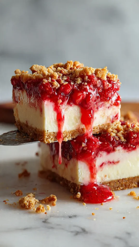 Close-up strawberry cheesecake bars with creamy layers, fresh strawberry topping, and buttery crumble crust dripping over the sides.