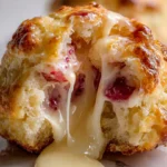 Close-up strawberry cream biscuit bomb with warm melted cream filling and fresh strawberry pieces inside fluffy golden biscuit dough.