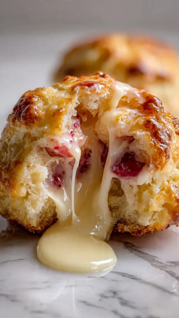 Close-up strawberry cream biscuit bomb with warm melted cream filling and fresh strawberry pieces inside fluffy golden biscuit dough.