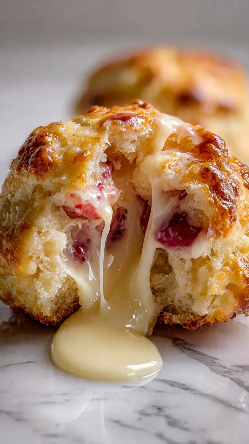Close-up strawberry cream biscuit bomb with warm melted cream filling and fresh strawberry pieces inside fluffy golden biscuit dough.