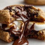 Chocolate chip cookie stuffed with toasted marshmallow and melted Nutella center, oozing rich chocolate as it’s pulled apart.