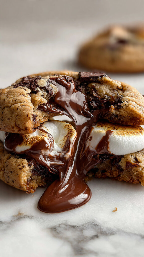 Chocolate chip cookie stuffed with toasted marshmallow and melted Nutella center, oozing rich chocolate as it’s pulled apart.