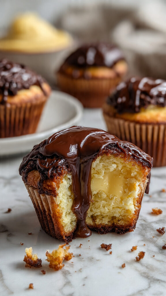 Boston cream pie cupcake with creamy custard center and glossy chocolate glaze dripping over a soft vanilla crumb.