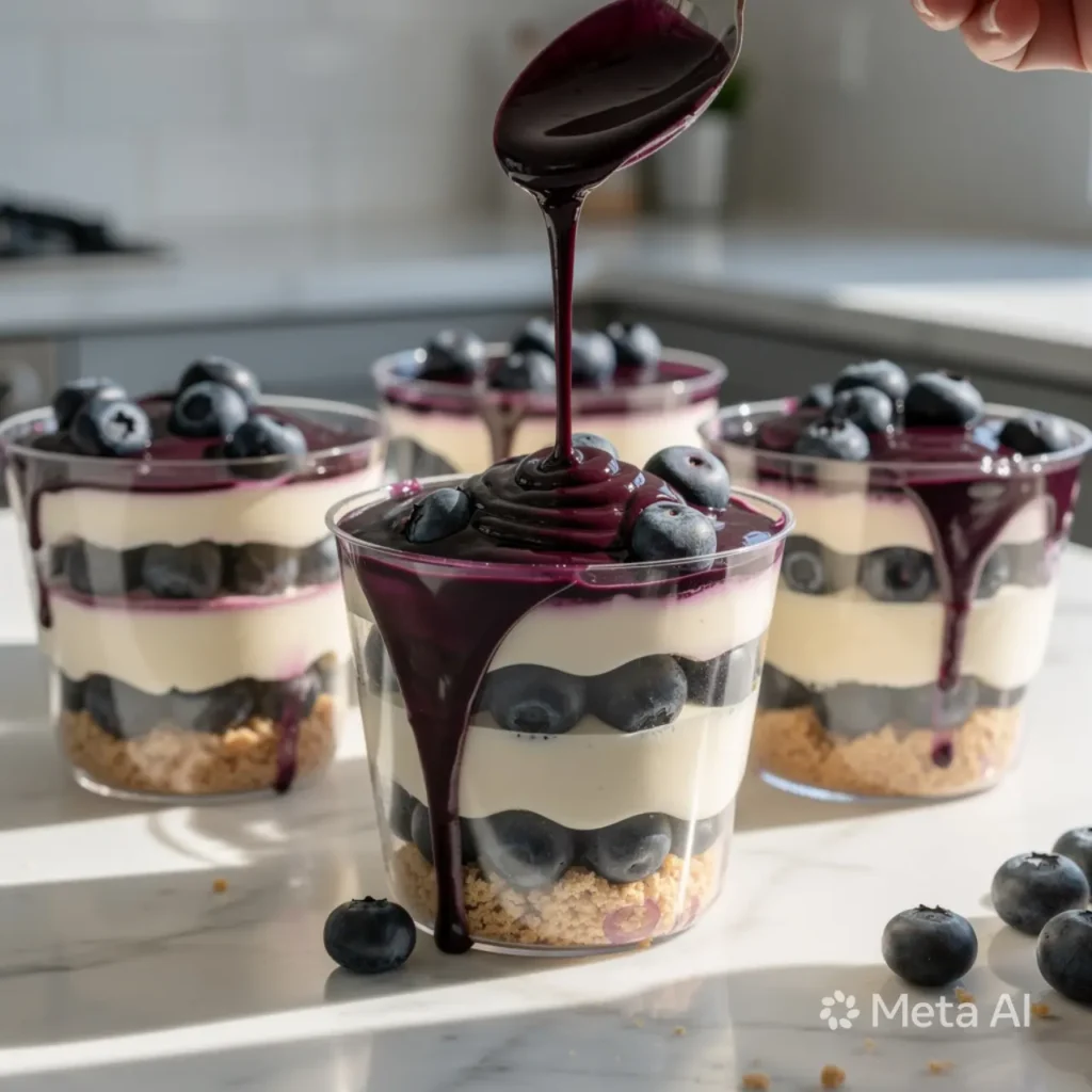 Blueberry cream dessert cups with creamy layers, cookie crumbs, and fresh blueberries in dessert glasses