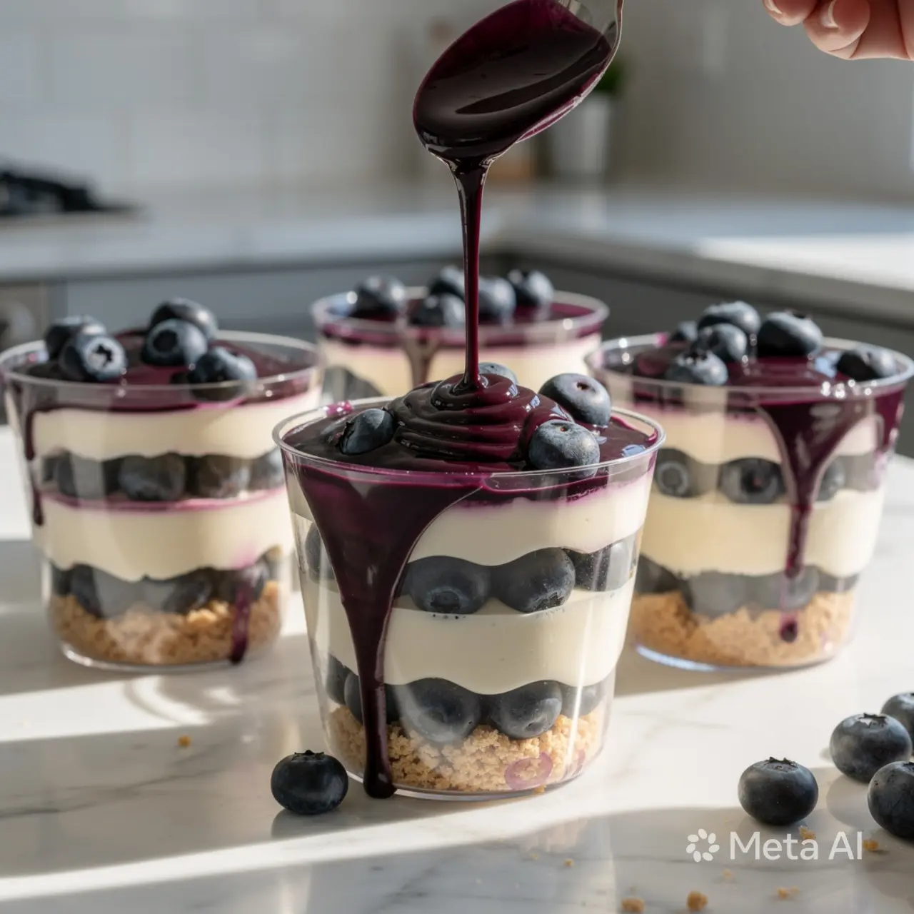 Blueberry cream dessert cups with creamy layers, cookie crumbs, and fresh blueberries in dessert glasses