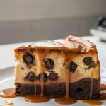 Caramel brownie cheesecake with gooey chocolate brownie layers and creamy cheesecake filling