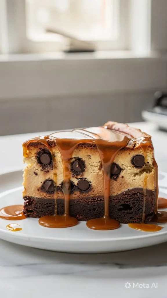 Caramel brownie cheesecake with gooey chocolate brownie layers and creamy cheesecake filling