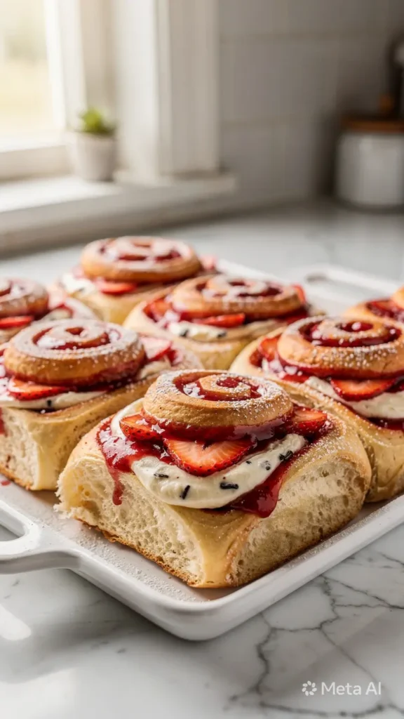 Strawberry vanilla cream rolls with soft swirls, creamy vanilla filling, and sweet strawberry layers