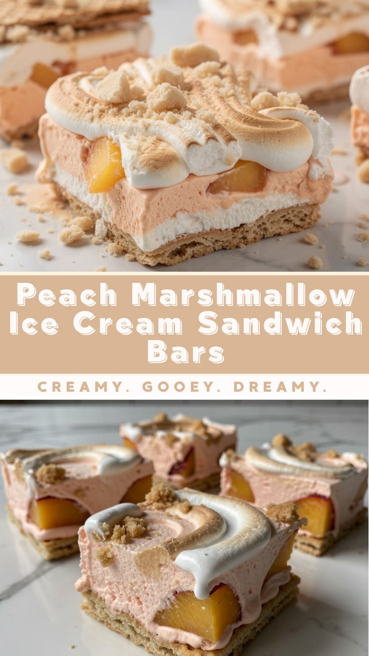 Peach Marshmallow Ice Cream Sandwich Bars layered with creamy peach filling and vanilla ice cream sandwiches