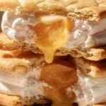 Peach Marshmallow Ice Cream Sandwich Bars stacked with creamy peach marshmallow filling and fresh peaches