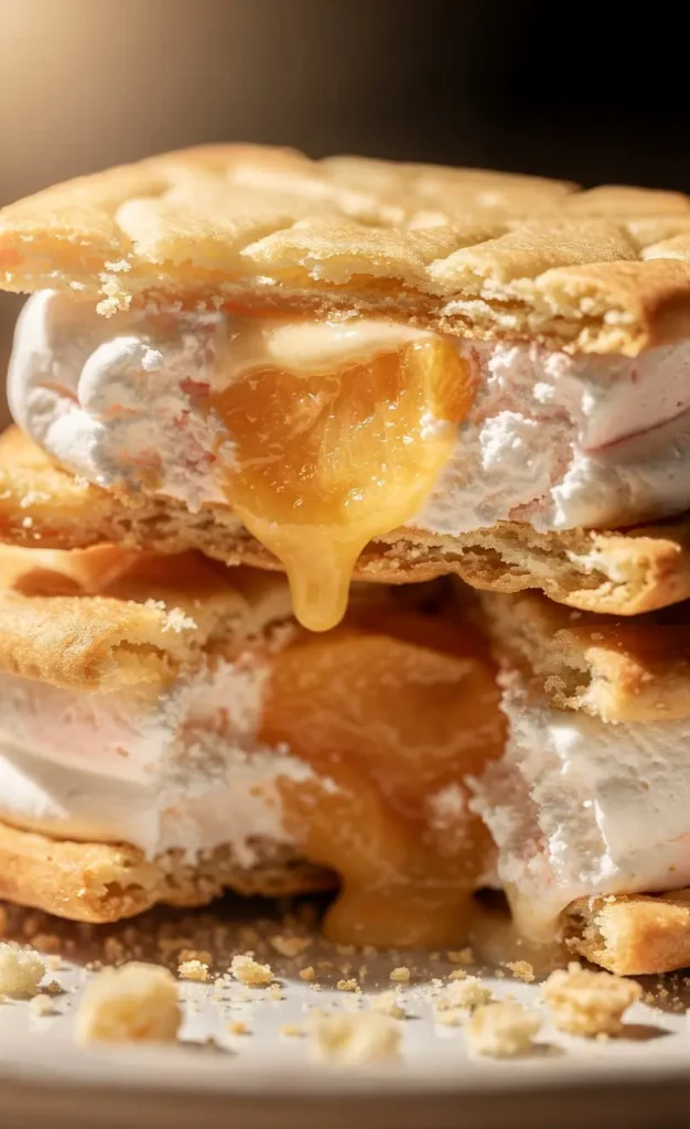 Peach Marshmallow Ice Cream Sandwich Bars stacked with creamy peach marshmallow filling and fresh peaches